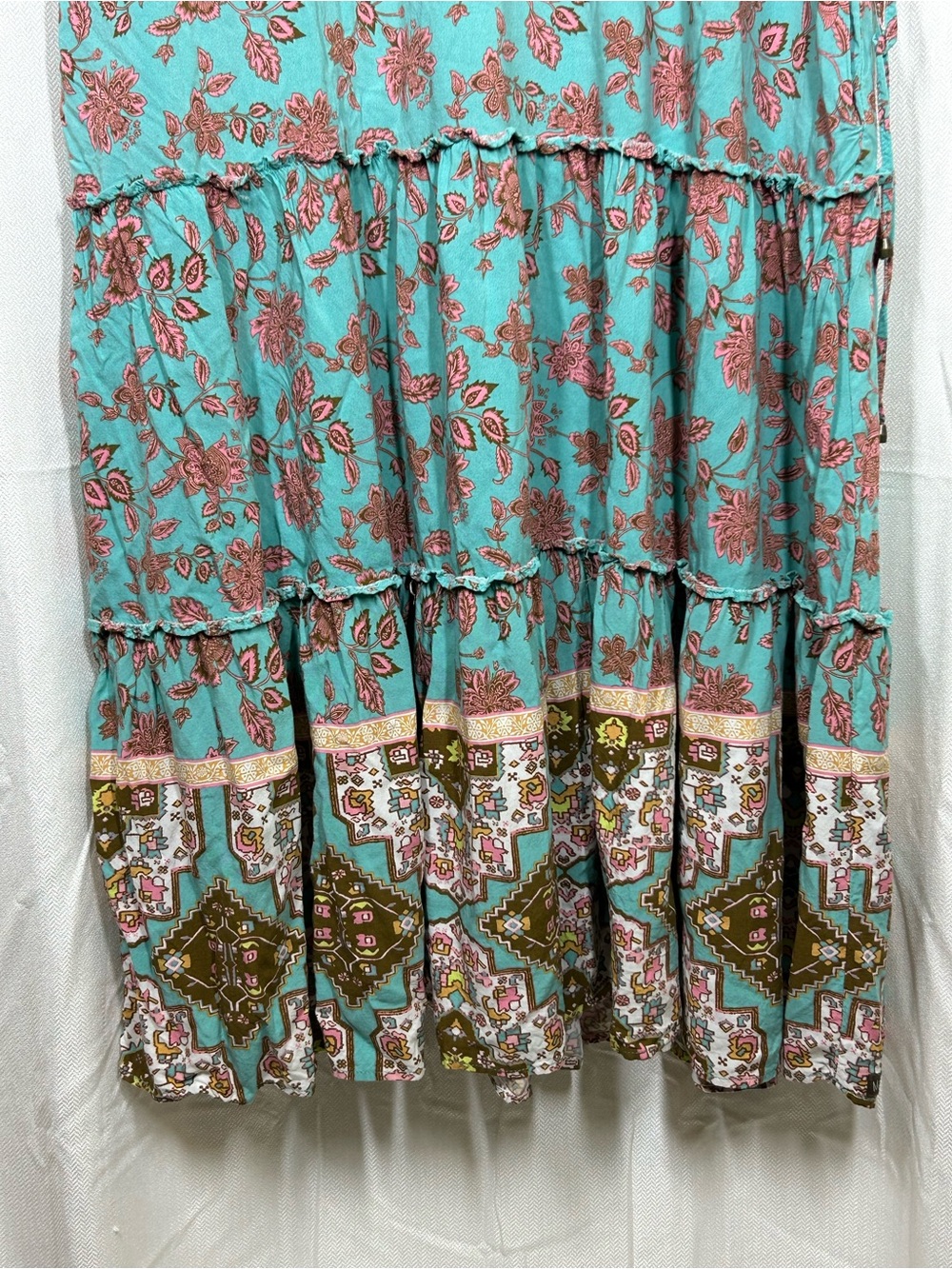 Matilda Jane Down To Earth Dress Teal Brown Size Large Boho Tiered Pockets - Picture 4 of 10